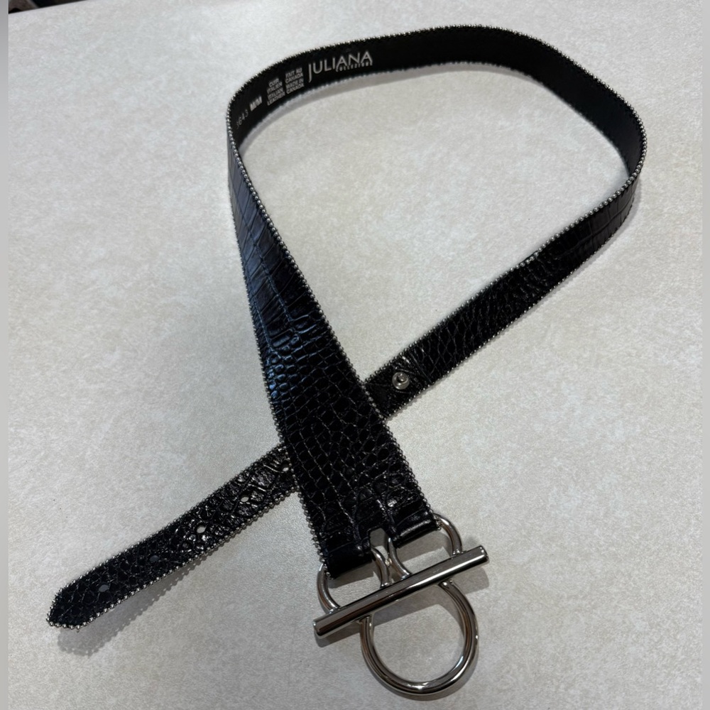 Juliana Collezione Black Croc-Embossed Italian Leather Belt Silver Buckle Size M